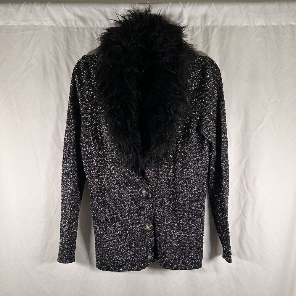 Jones New York Jacket Women's Small Black Metallic Button Up Faux Fur Trim